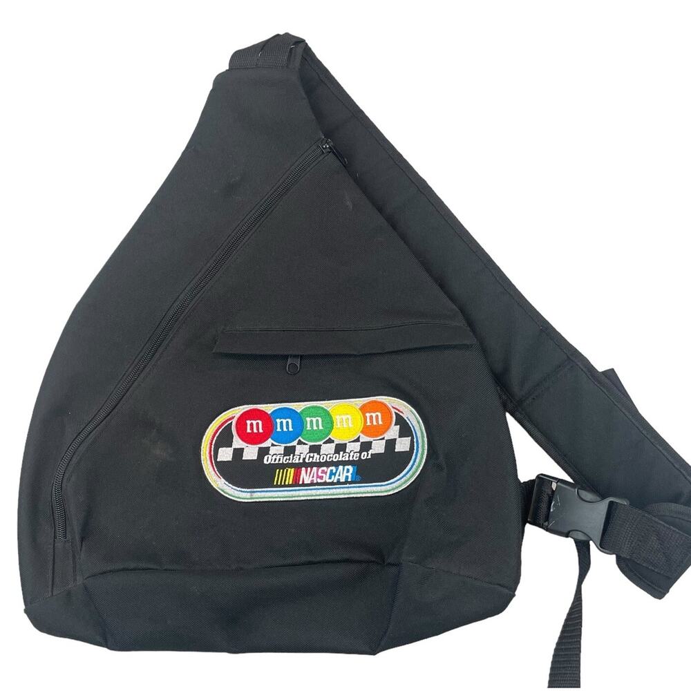 NASCAR M&M Single Shoulder Sling Bag Lightweight Black Embroidered Race Fan